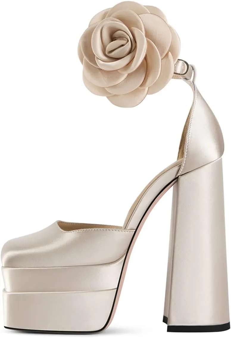 YDN Women Platform Square Toe Pumps Flower Block High Heels Ankle Strap Heeled D'Orsay Party Prom Shoe Size 4-15 US