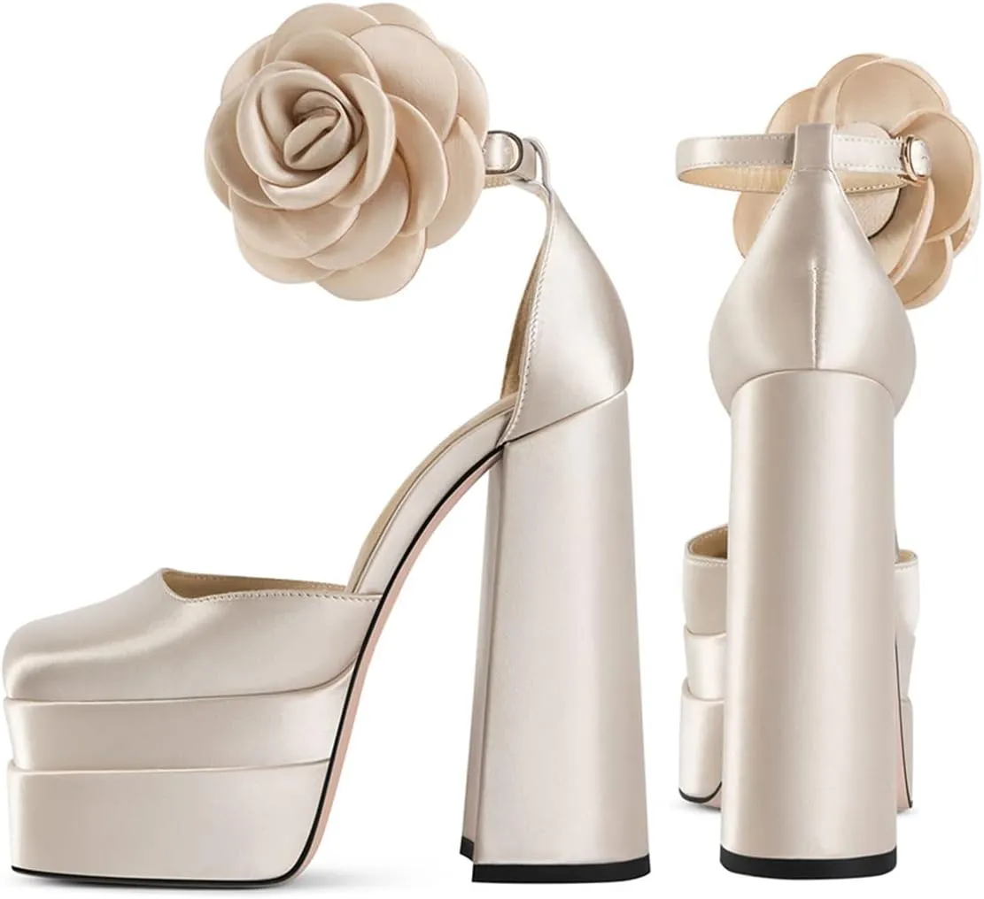 YDN Women Platform Square Toe Pumps Flower Block High Heels Ankle Strap Heeled D'Orsay Party Prom Shoe Size 4-15 US