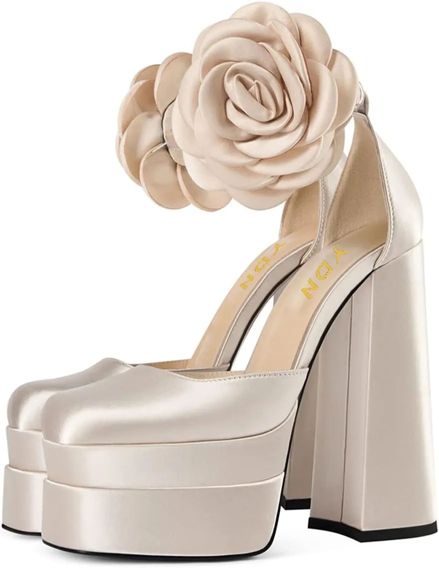 YDN Women Platform Square Toe Pumps Flower Block High Heels Ankle Strap Heeled D'Orsay Party Prom Shoe Size 4-15 US