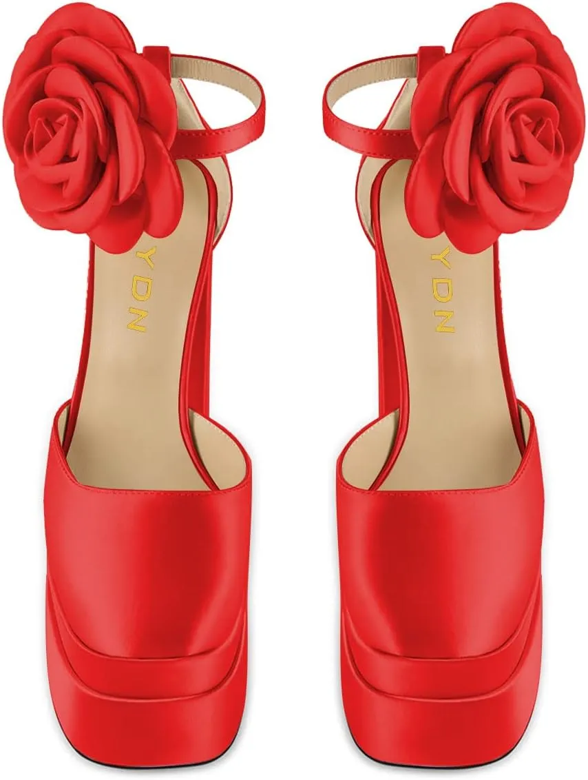 YDN Women Platform Square Toe Pumps Flower Block High Heels Ankle Strap Heeled D'Orsay Party Prom Shoe Size 4-15 US