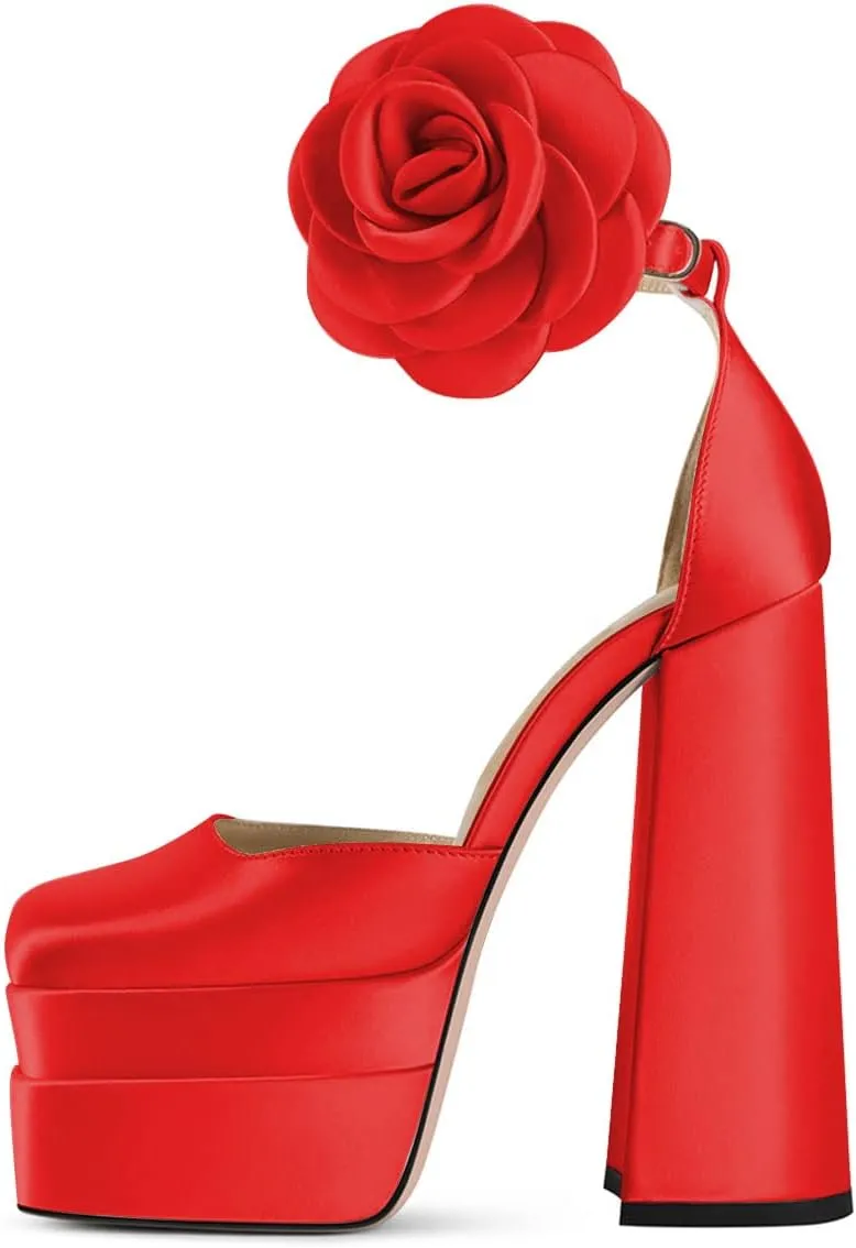 YDN Women Platform Square Toe Pumps Flower Block High Heels Ankle Strap Heeled D'Orsay Party Prom Shoe Size 4-15 US