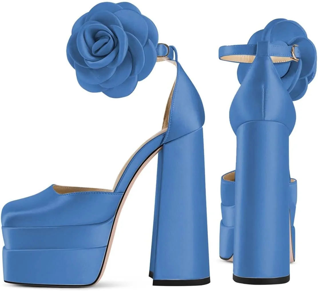 YDN Women Platform Square Toe Pumps Flower Block High Heels Ankle Strap Heeled D'Orsay Party Prom Shoe Size 4-15 US