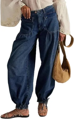 yoeasy Women's Lotus Tube Jeans Mid Rise Baggy Wide Leg Barrel Jeans Ruffle Pleated Denim Pants with Drawstring