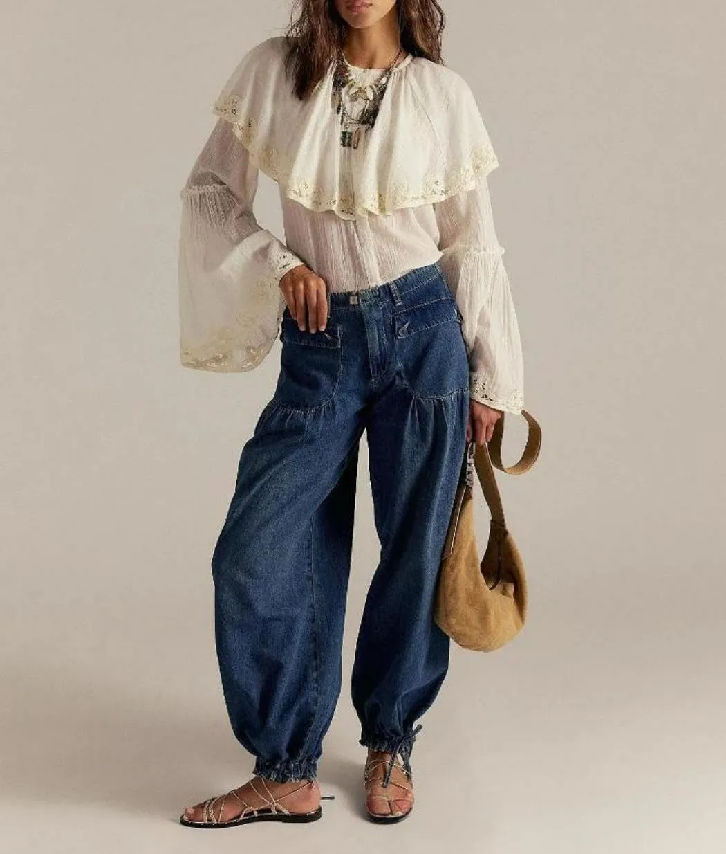 yoeasy Women's Lotus Tube Jeans Mid Rise Baggy Wide Leg Barrel Jeans Ruffle Pleated Denim Pants with Drawstring