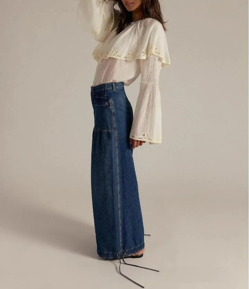 yoeasy Women's Lotus Tube Jeans Mid Rise Baggy Wide Leg Barrel Jeans Ruffle Pleated Denim Pants with Drawstring