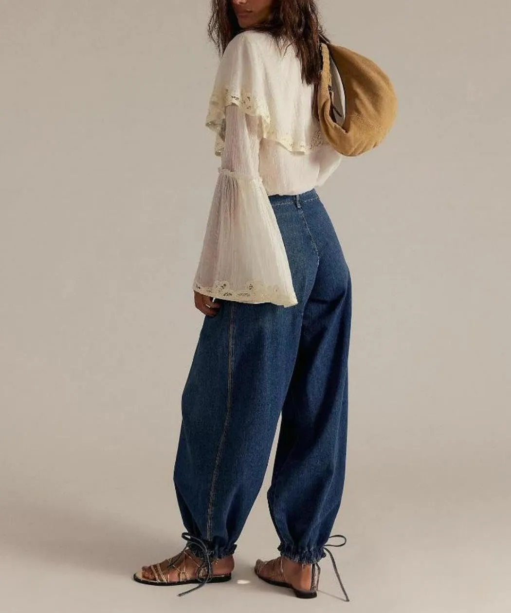 yoeasy Women's Lotus Tube Jeans Mid Rise Baggy Wide Leg Barrel Jeans Ruffle Pleated Denim Pants with Drawstring