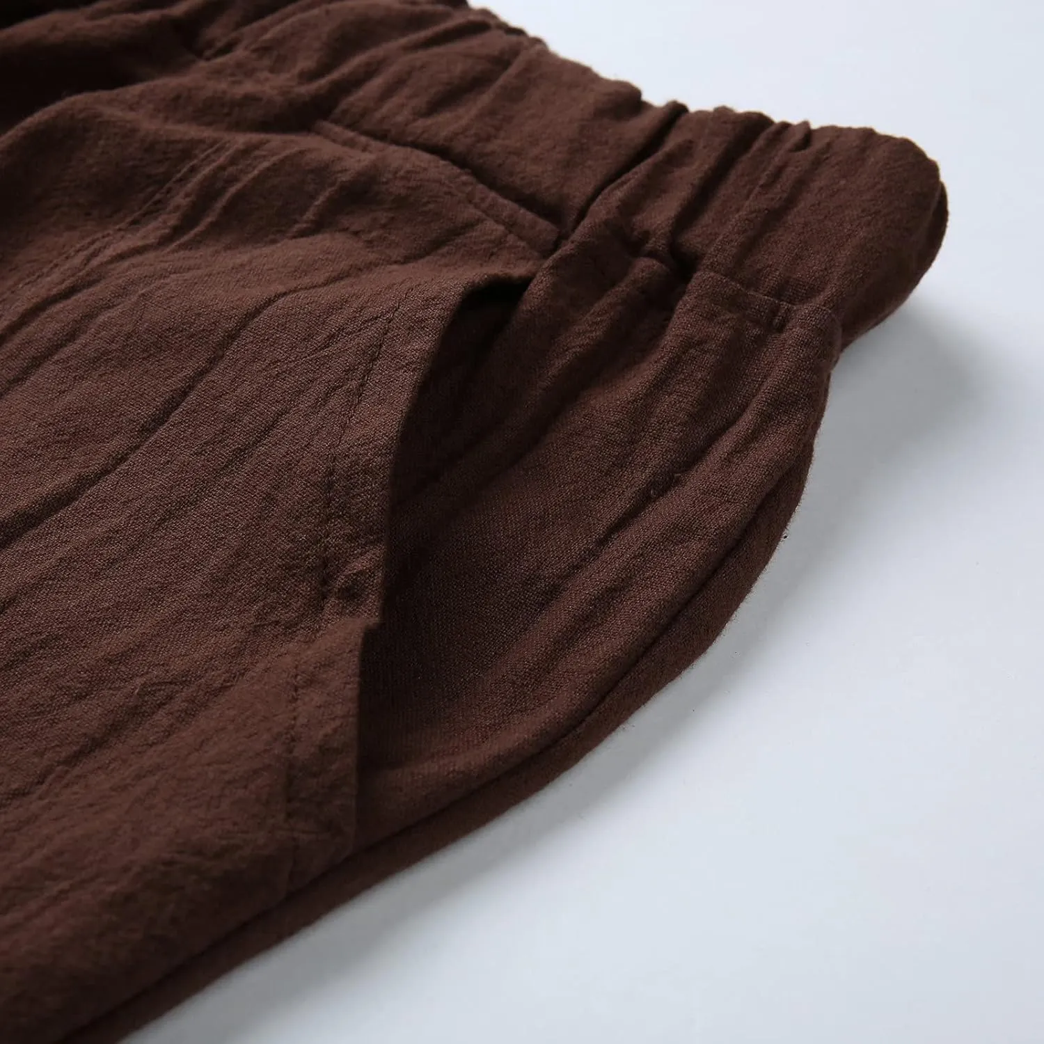 YOLAI Drawstring Cotton Linen Pants for Women Low Waist Beach Trousers with Pockets Palazzo Exercise Pants with Pocket (Brown, S)