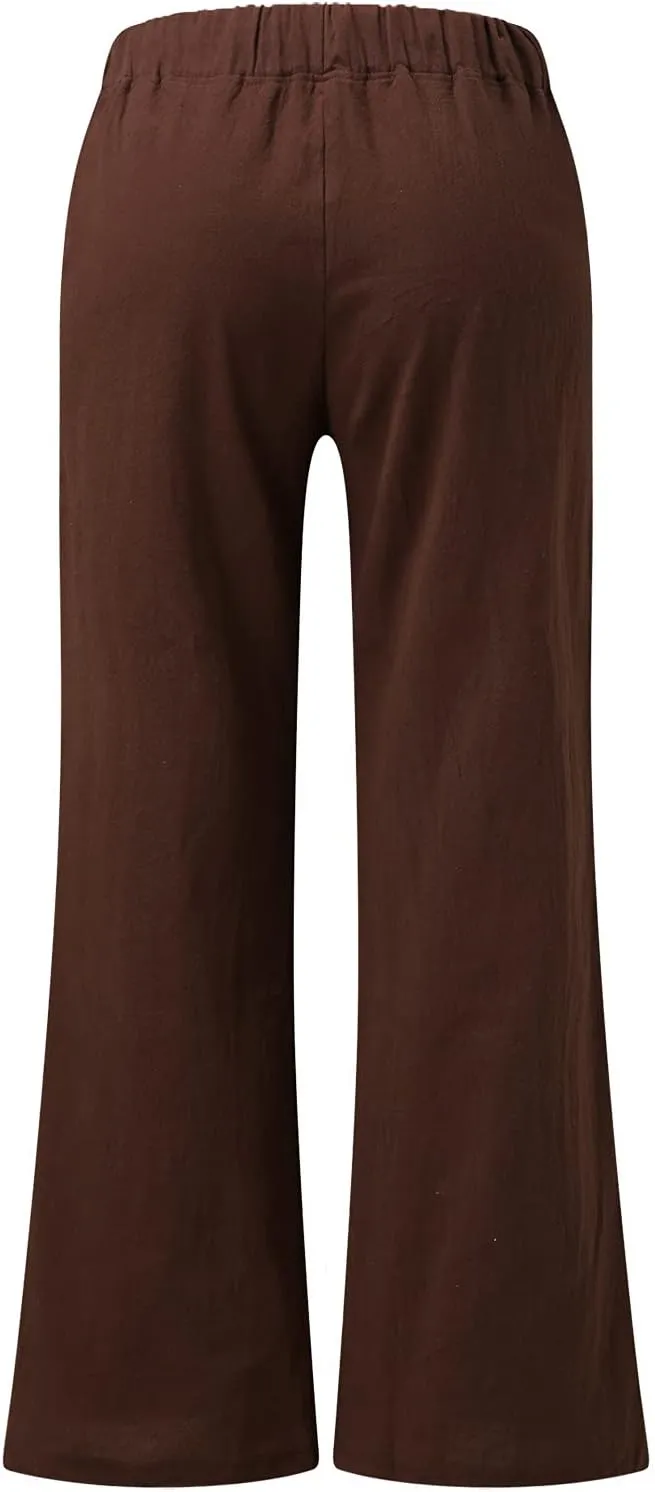 YOLAI Drawstring Cotton Linen Pants for Women Low Waist Beach Trousers with Pockets Palazzo Exercise Pants with Pocket (Brown, S)