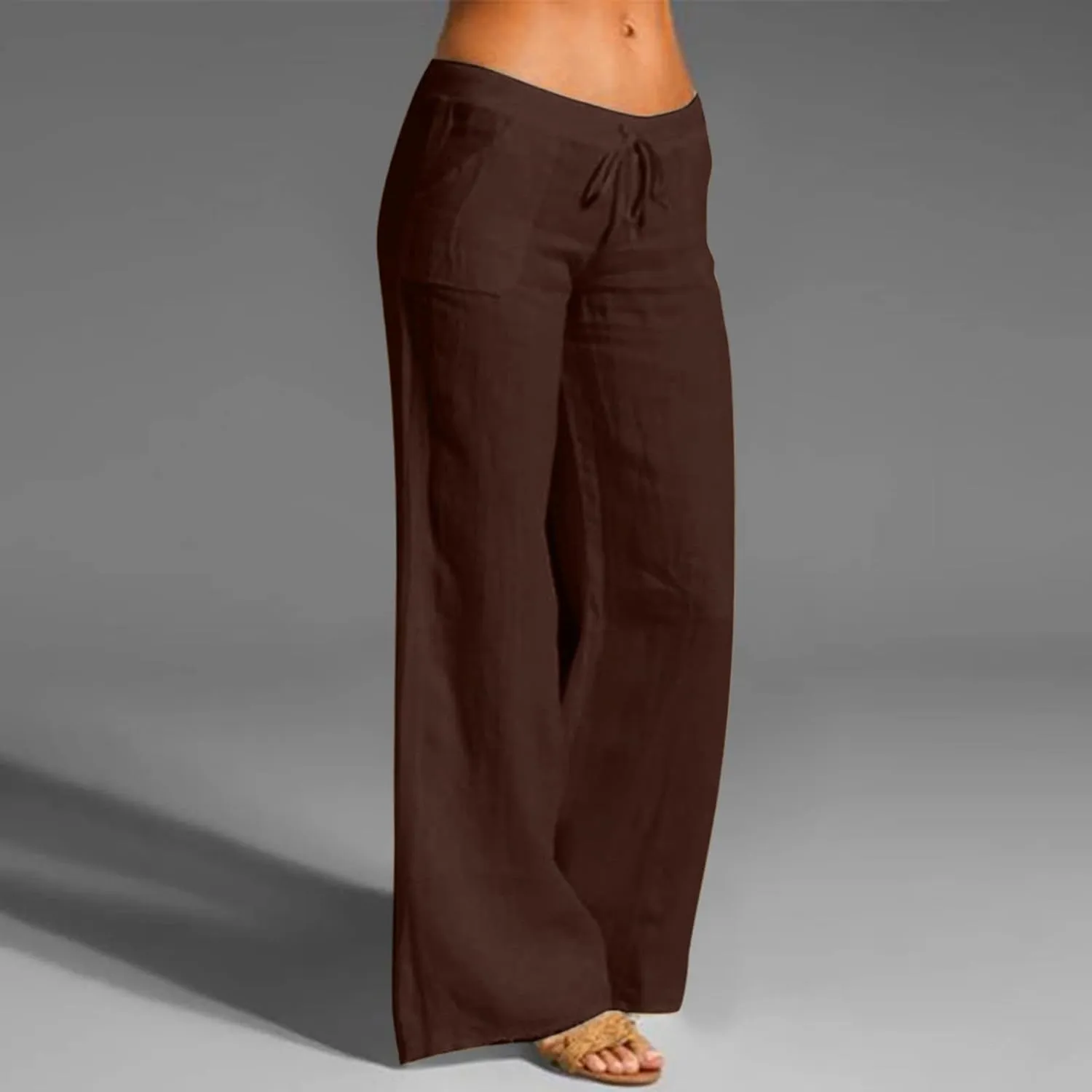 YOLAI Drawstring Cotton Linen Pants for Women Low Waist Beach Trousers with Pockets Palazzo Exercise Pants with Pocket (Brown, S)