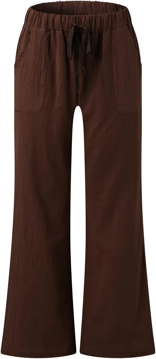 YOLAI Drawstring Cotton Linen Pants for Women Low Waist Beach Trousers with Pockets Palazzo Exercise Pants with Pocket (Brown, S)