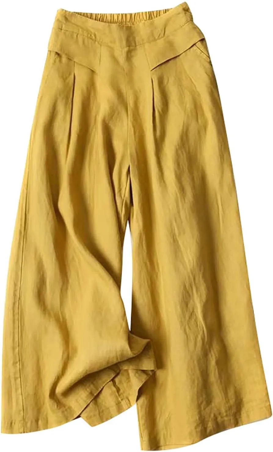 YOLAI Women's Cotton Linen Wide Leg Pants Solid Summer High Waist Casual Trousers Loose Casual Lightweight Pants
