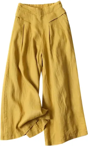 YOLAI Women's Cotton Linen Wide Leg Pants Solid Summer High Waist Casual Trousers Loose Casual Lightweight Pants