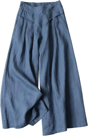 YOLAI Women's Cotton Linen Wide Leg Pants Solid Summer High Waist Casual Trousers Loose Casual Lightweight Pants