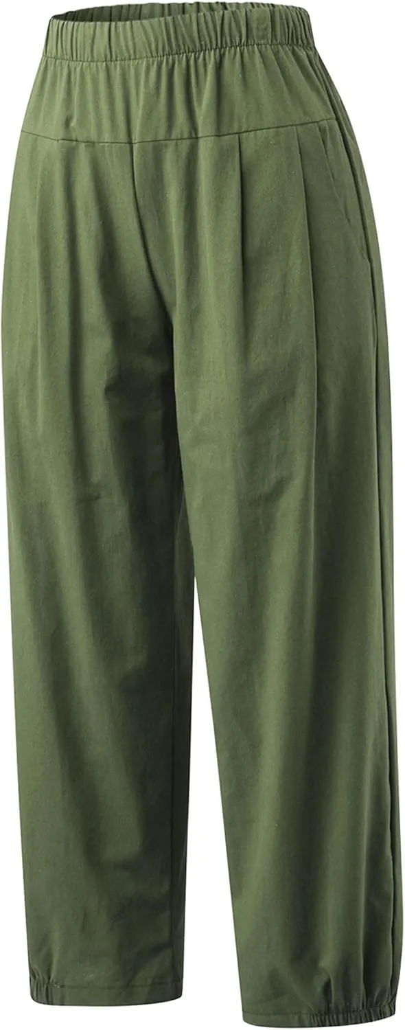 Zontroldy Linen Capri Pants for Women High Waisted Wide Leg Yoga Capris Crop Pants Sweatpants with Pockets