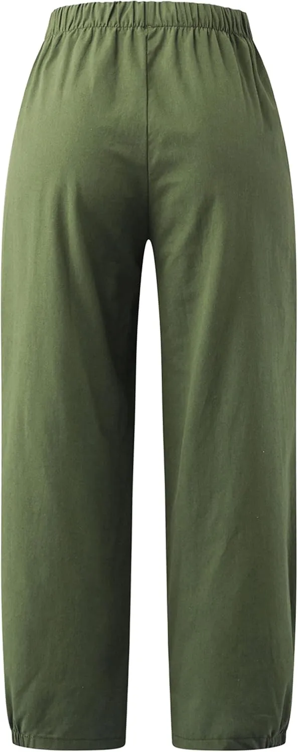 Zontroldy Linen Capri Pants for Women High Waisted Wide Leg Yoga Capris Crop Pants Sweatpants with Pockets