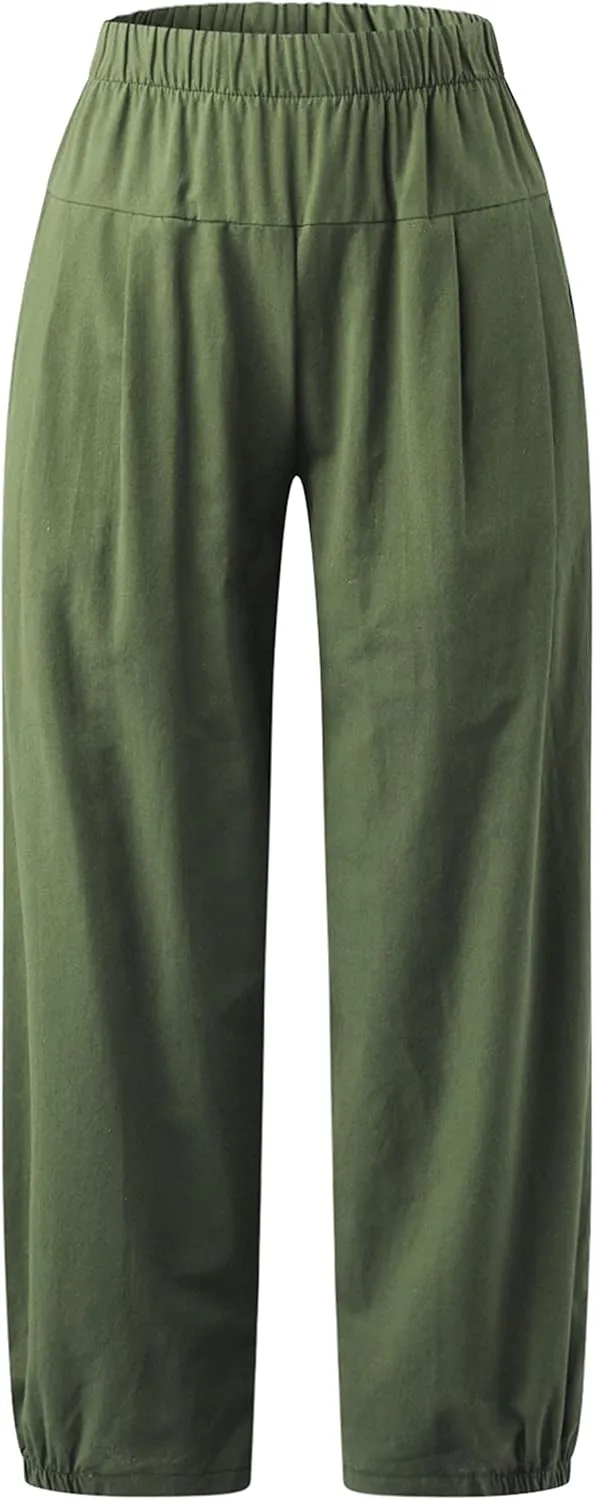 Zontroldy Linen Capri Pants for Women High Waisted Wide Leg Yoga Capris Crop Pants Sweatpants with Pockets
