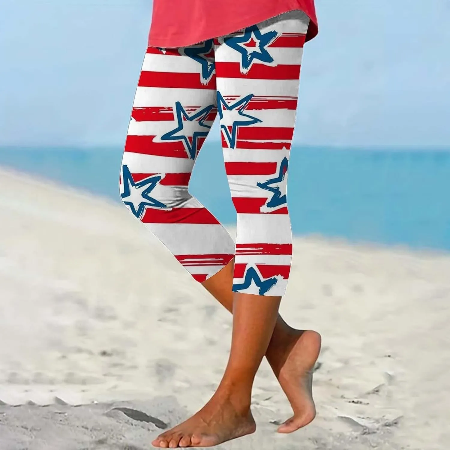 ZYXTIM American Flag Capri Leggings for Women Stretch Yoga Pants 4th of July Patriotic Star Stripes Patterned Casual Trousers