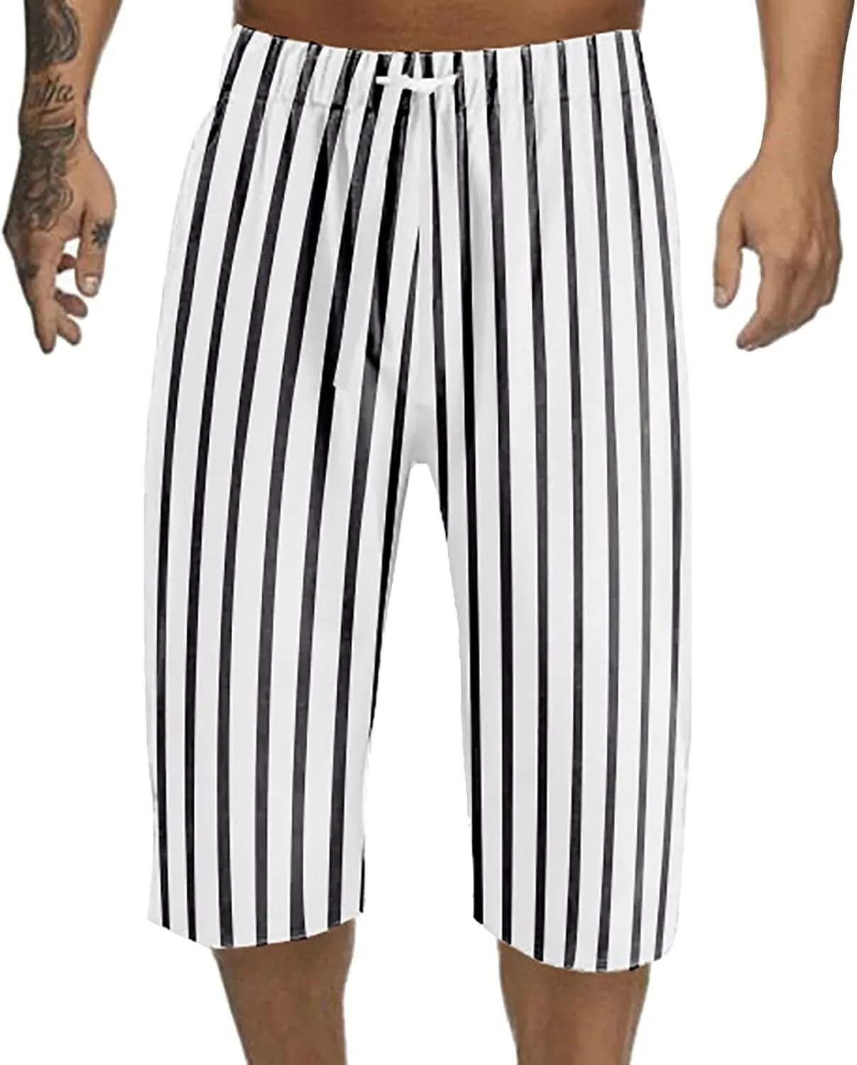ZYXTIM Men 3/4 Linen Cotton Capri Pants Elastic Waist Casual Loose Baggy Harem Trousers 3/4 Length Summer Shorts Big&Tall